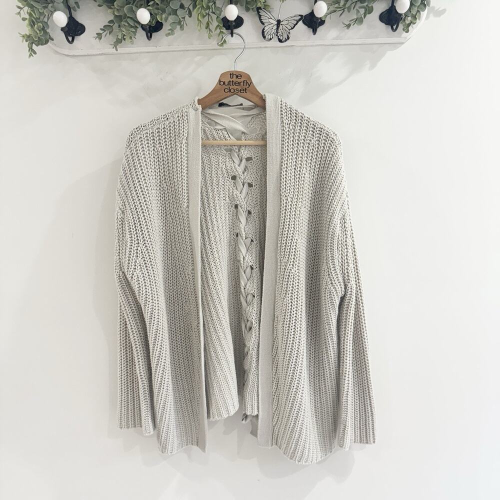 LUNIK Chunky Knit Lace Down Cardigan Sweater In Light Gray Medium ZZ
